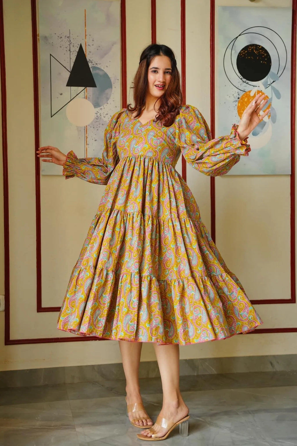 mustard paisley tiered dress