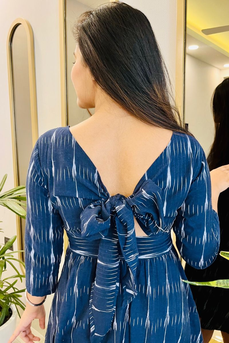 NAVY IKAT BOW-BACK FLARED DRESS
