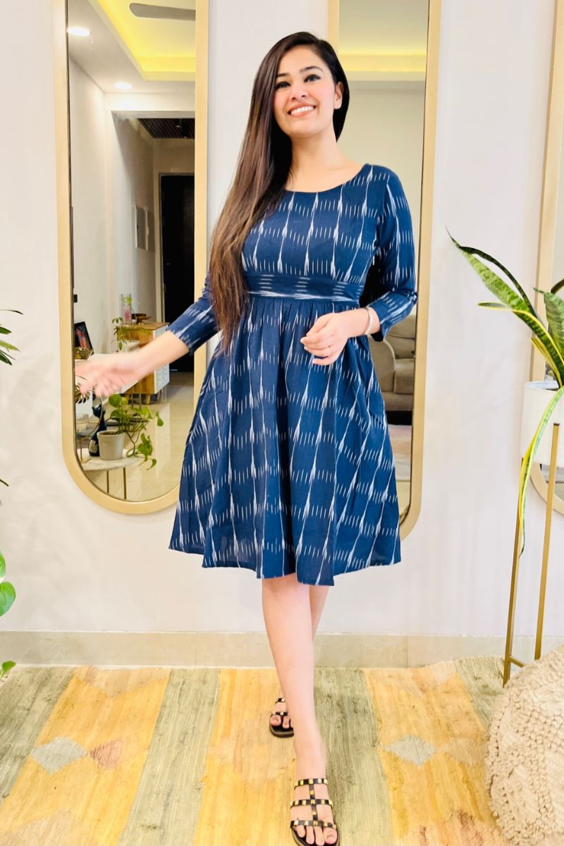 NAVY IKAT BOW-BACK FLARED DRESS